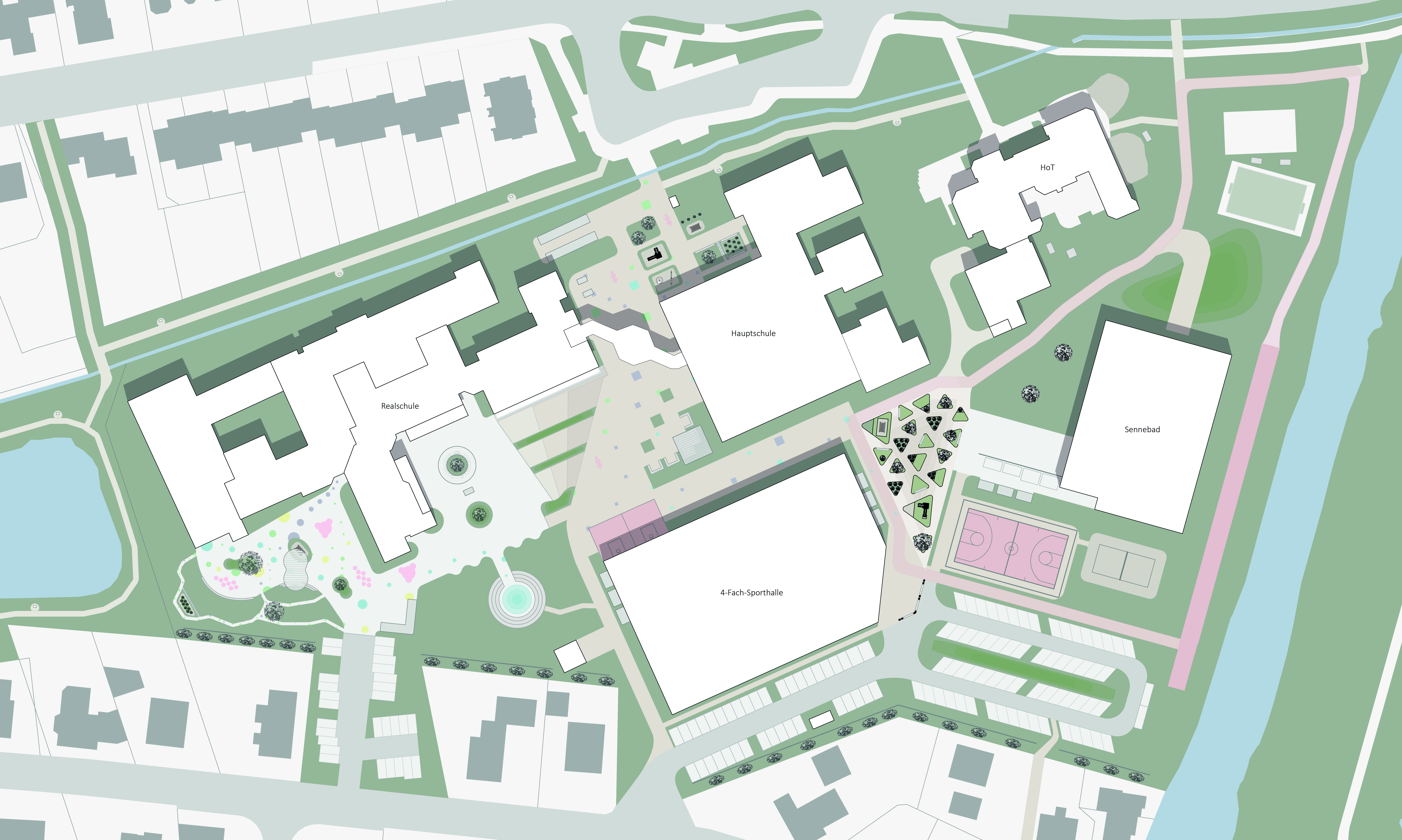 Entwurf f�r die Neugestaltung des Schul- und Sportzentrums in H�velhof: moderne Sportanlagen, attraktive Aufenthaltsbereiche und viel Gr�n. (
